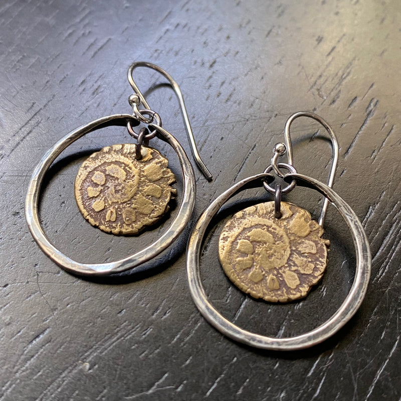 ORIJEN'S: TINY STERLING SILVER HOOPS WITH TEXTURED BRASS SPIRAL Medallion Earrings