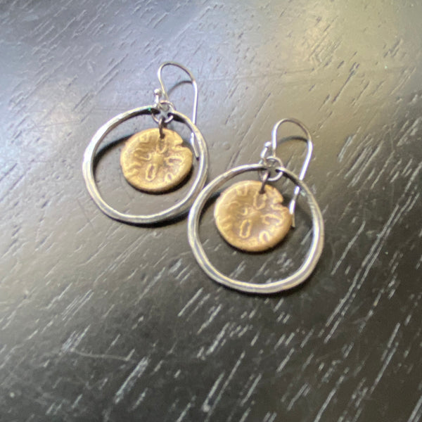 Orijen's Brass Sand Dollar Earrings in Tiny Silver Hoops