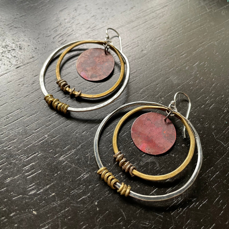 Leto Goddess Earrings: Medium Silver + Brass Double Hoops with Copper Discs