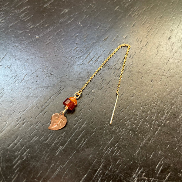 Tiny Brass and Gold Leaf Threader with Amber and Carnelian