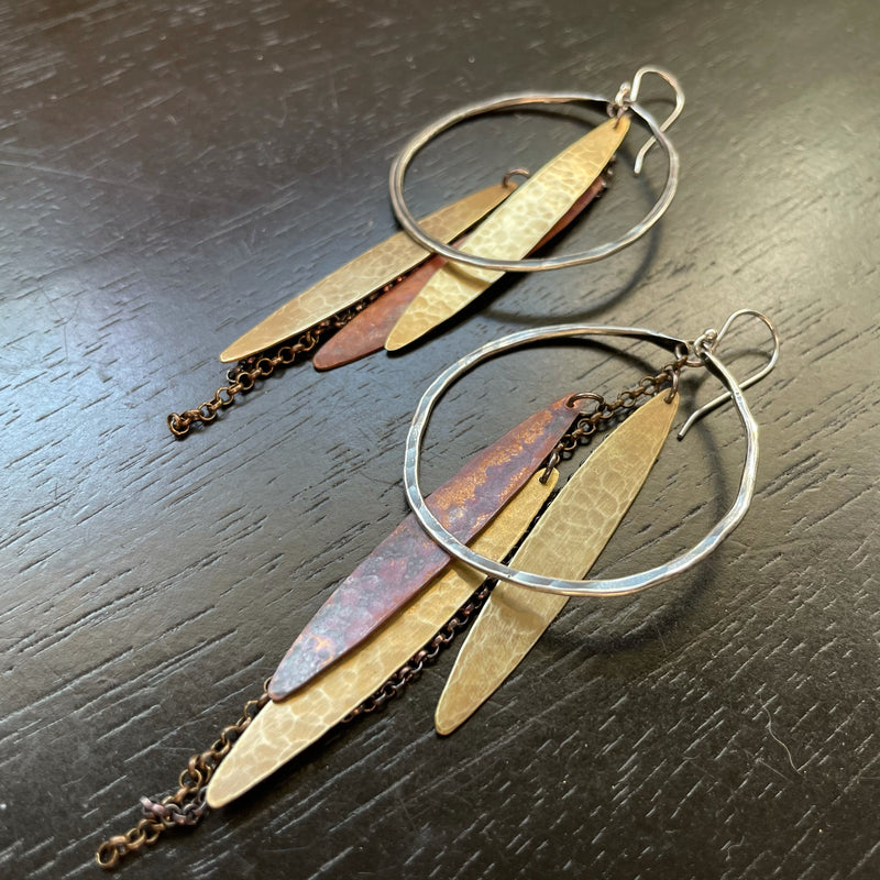 LAST ONE! DEMETER GODDESS Earrings: Med. Silver Hoops w/ Brass + Copper Metal Feathers