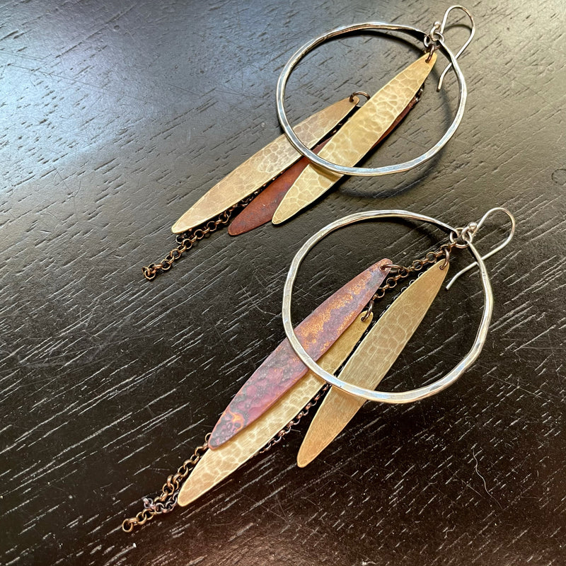 LAST ONE! DEMETER GODDESS Earrings: Med. Silver Hoops w/ Brass + Copper Metal Feathers