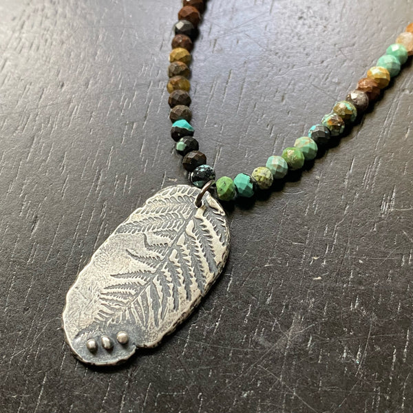ORIJEN'S: SILVER FERN Fossil Leaf with 3 Dots Medallion on "DRAGON SKIN" TURQUOISE Necklace
