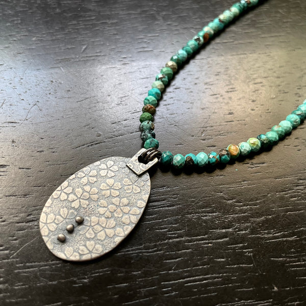 ORIJEN'S: SILVER FLORAL w/ 3 Dots OVAL REVERSIBLE Medallion on TURQUOISE Necklace