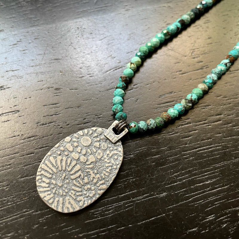 ORIJEN'S: SILVER FLORAL w/ 3 Dots OVAL REVERSIBLE Medallion on TURQUOISE Necklace