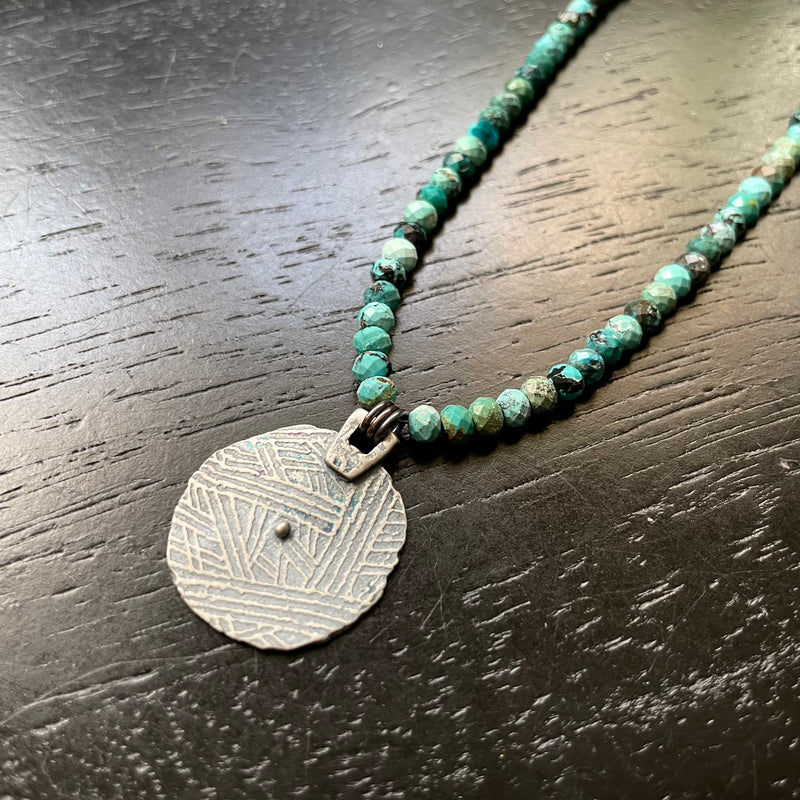 ORIJEN'S: SILVER SPIRAL + WEAVE REVERSIBLE CIRCLE Medallion on TURQUOISE Necklace