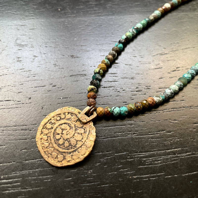ORIJEN'S: BRASS SPIRAL + WEAVE REVERSIBLE CIRCLE Medallion on "DRAGON SKIN" TURQUOISE Necklace