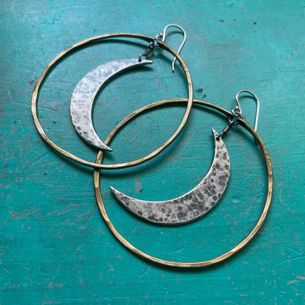 XL Silver Crescent Moon Earrings in Large Brass Hoops