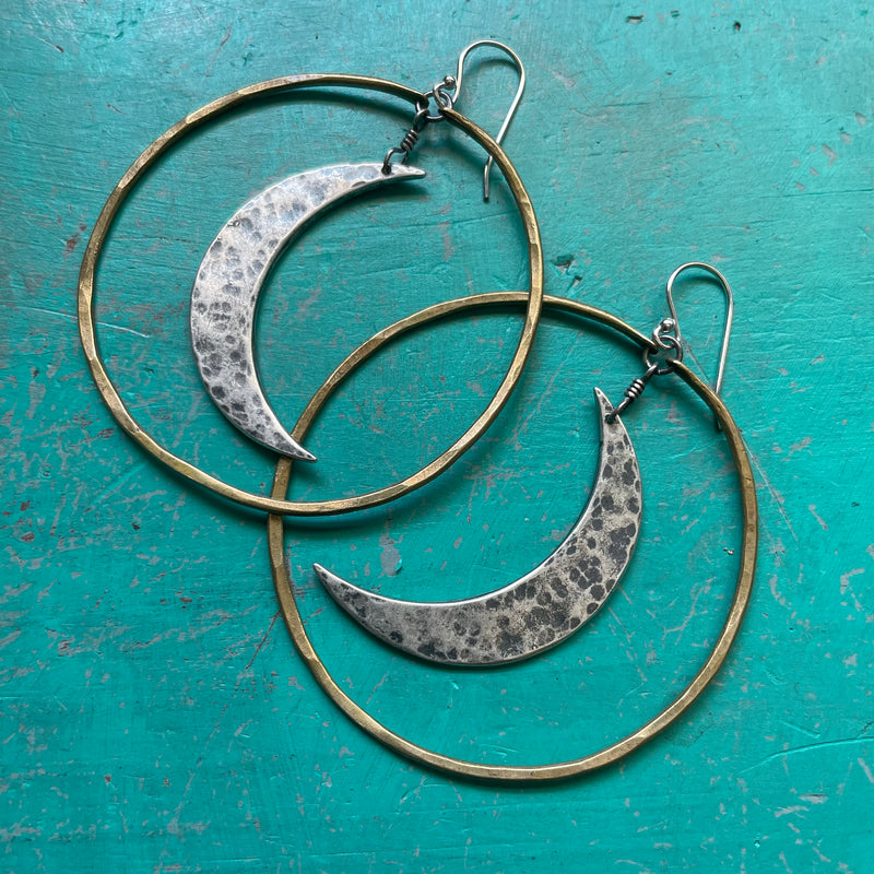 XL SILVER Crescent moons in LARGE BRASS HOOPS
