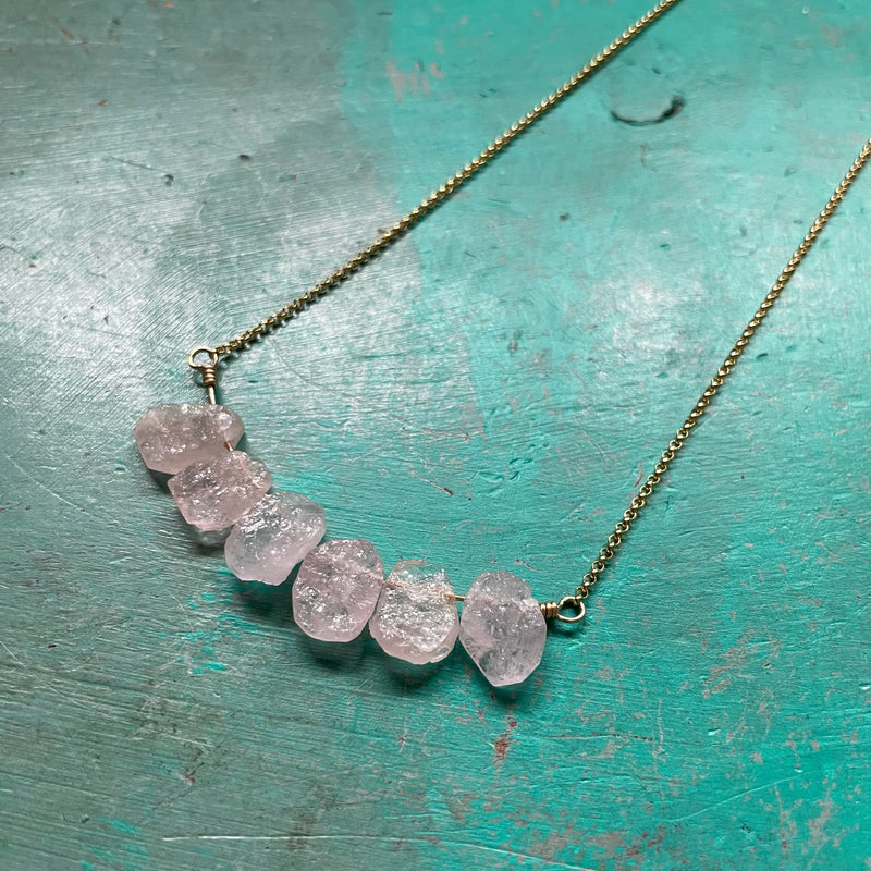 Raw Rose Quartz Cluster Gold Necklace