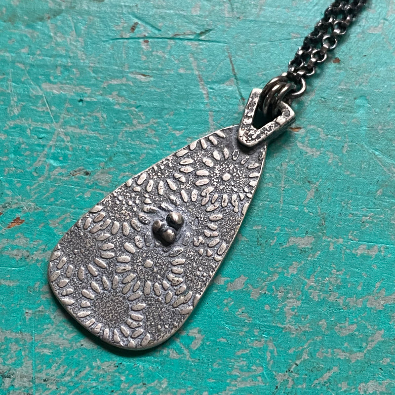 ORIJEN'S: SILVER FLORAL 3-DOT CLUSTER /FLORAL REVERSIBLE TAPER Medallion on Sterling Silver Necklace