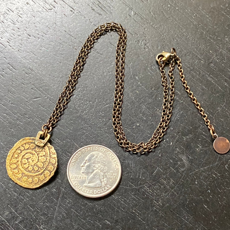ORIJEN'S: BRASS SPIRAL + WEAVE REVERSIBLE CIRCLE Medallion on Oxidized Brass Necklace