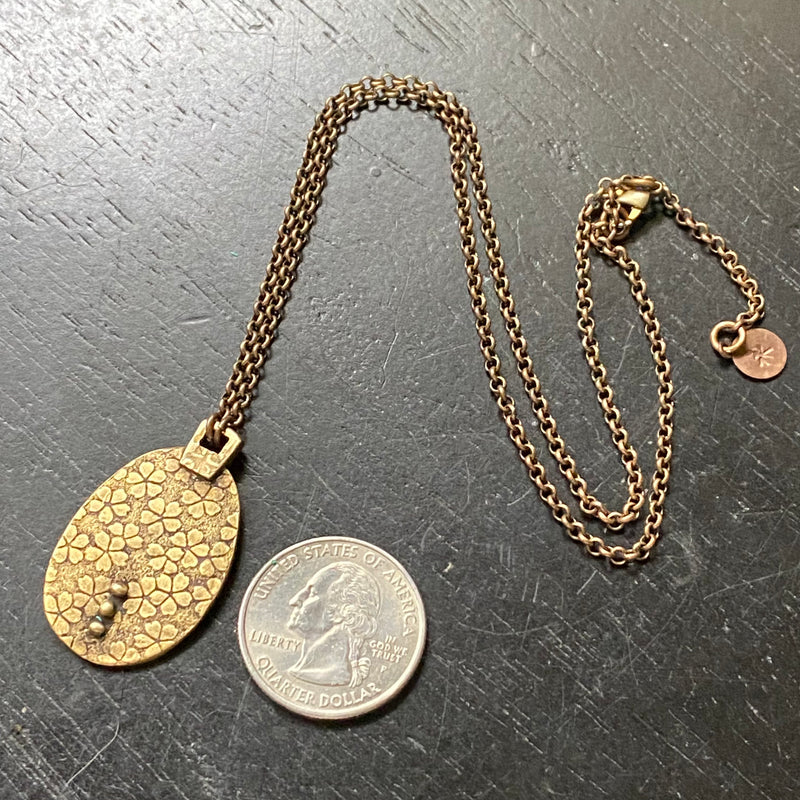 ORIJEN'S: BRASS FLORAL 3-DOT/ FLORAL REVERSIBLE OVAL Medallion on Oxidized Brass Necklace
