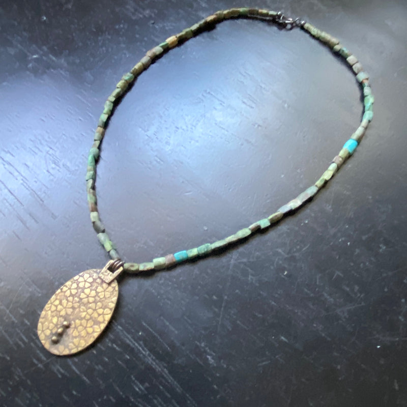 ORIJEN'S: BRASS FLORAL w/ 3 Dots OVAL REVERSIBLE Medallion on AFGHANI TURQUOISE Necklace