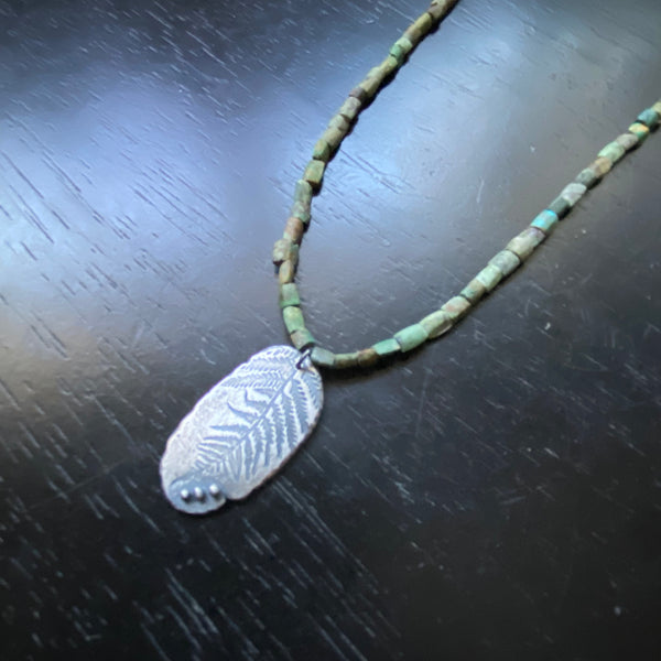 ORIJEN'S: STERLING SILVER FERN Fossil Leaf with 3 Dots Medallion on AFGHANI TURQUOISE Necklace