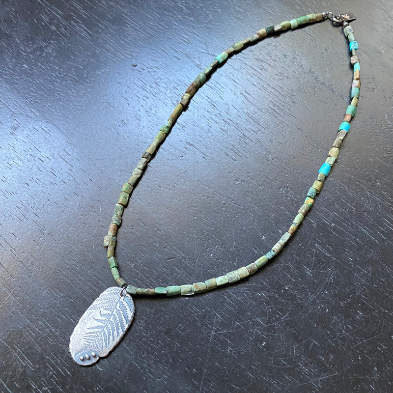 ORIJEN'S: STERLING SILVER FERN Fossil Leaf with 3 Dots Medallion on AFGHANI TURQUOISE Necklace