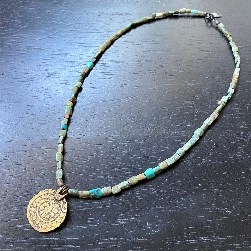 ORIJEN'S: BRASS SPIRAL + WEAVE REVERSIBLE CIRCLE Medallion on AFGHANI TURQUOISE Necklace