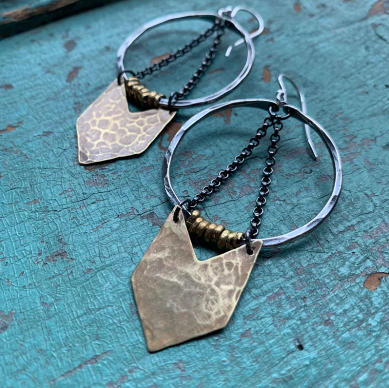 Silver Warrior Earrings with Brass Chevron