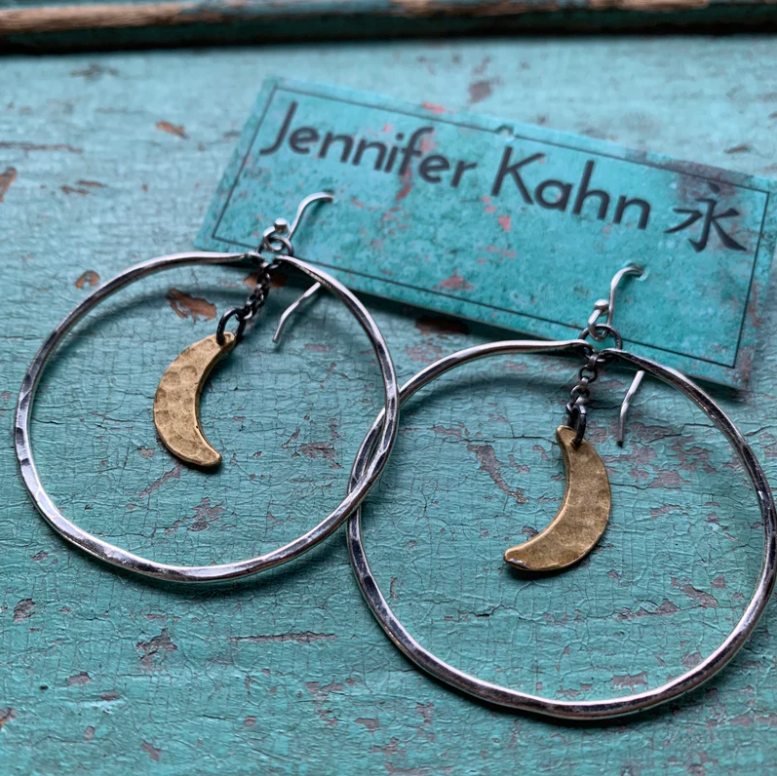Silver Hoops with Brass Moons - 3 Sizes
