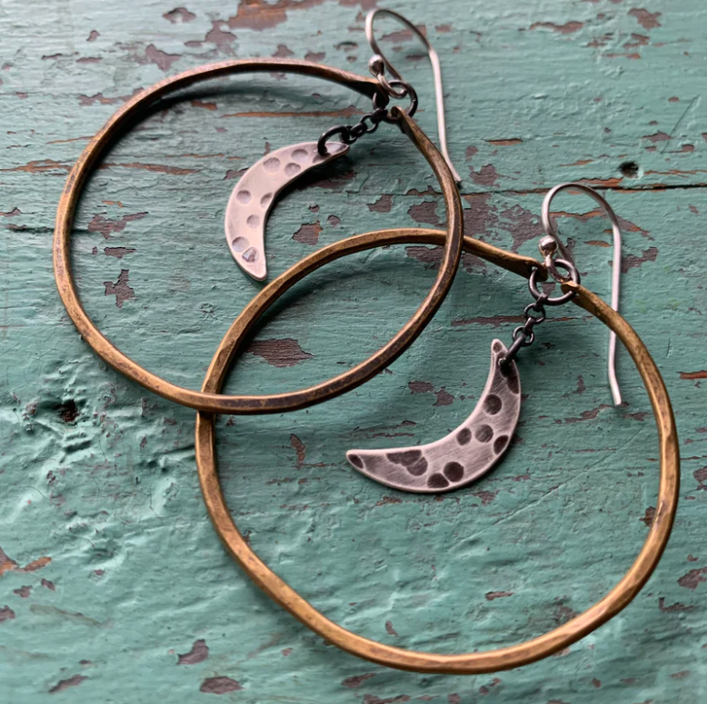 Brass hoops with Sterling Silver Moons - 3 Sizes