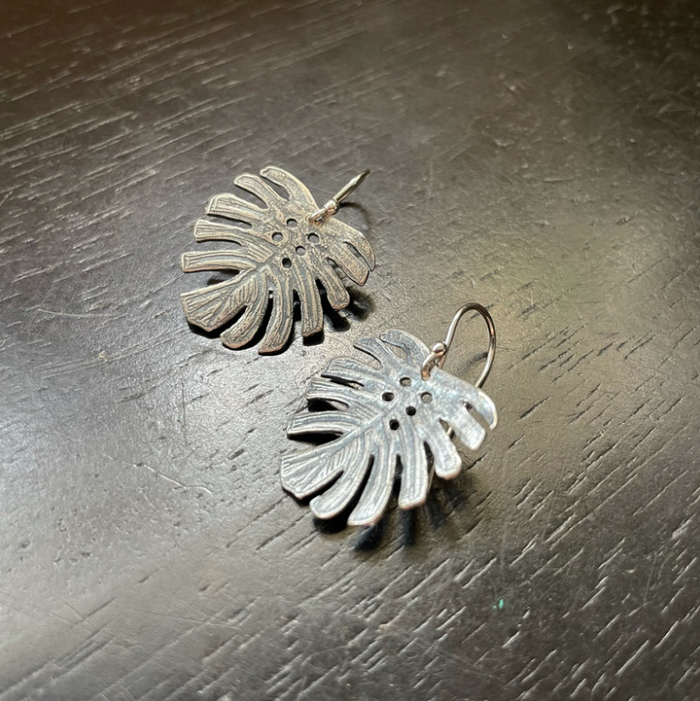monstera deliciosa earrings Jennifer Kahn Tiny Monstera Leaf Earrings in Sterling Silver