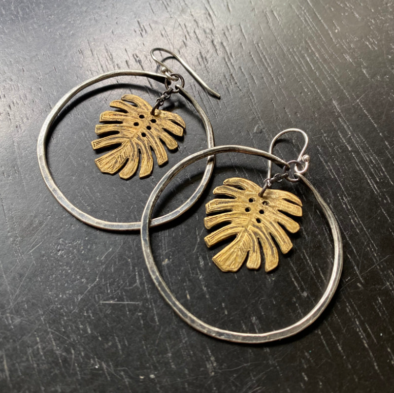 TINY BRASS MONSTERA LEAVES IN SILVER HOOPS - 2 SIZES