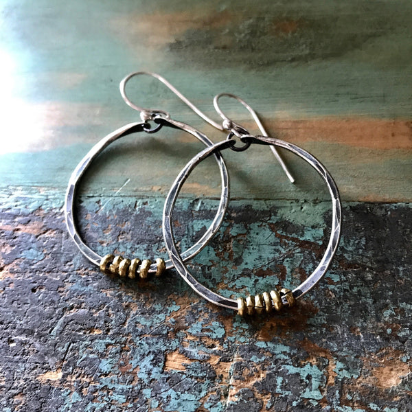 Silver Hoop Earrings with Brass Heishi - 4 Sizes