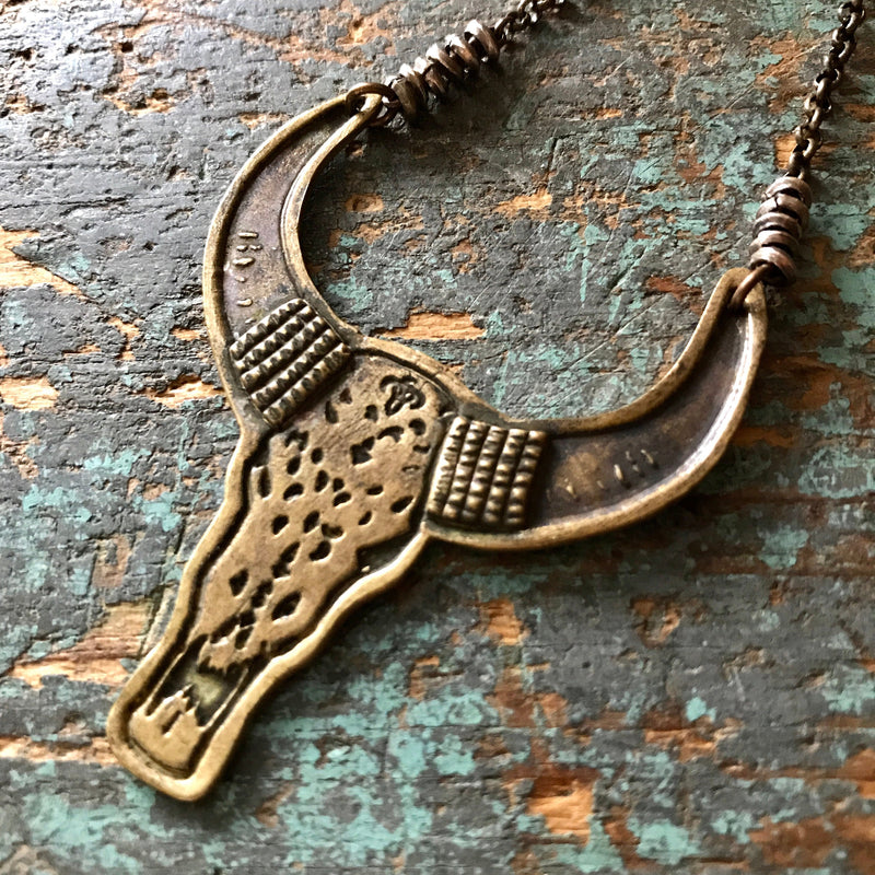 KAHN MAN: LARGE Brass Esmeralda Bull Pendant on Sterling Silver Chain Necklace