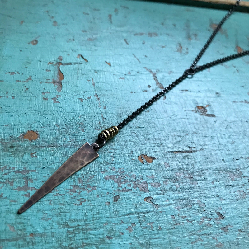 Long Brass Spear Necklace on Sterling Silver "Y" Chain