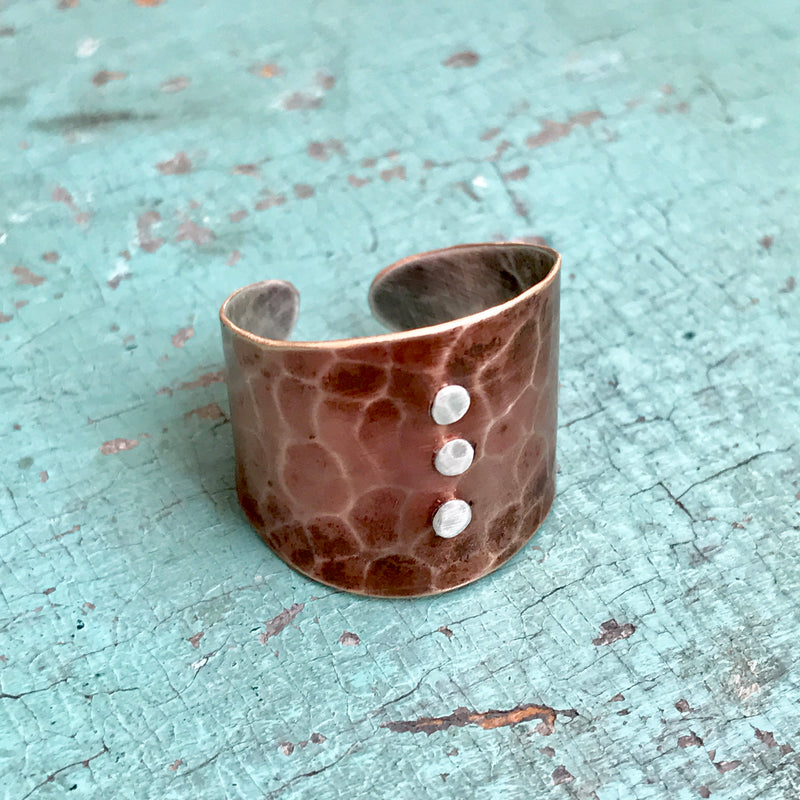 Hammered Brass and Sterling Cuff Ring with 3 Rivets!