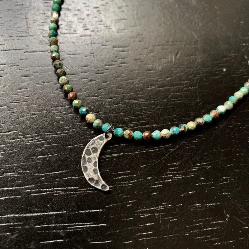 Tiny Sterling Silver Crescent Moon on Dragonskin Turquoise Strand Necklace
