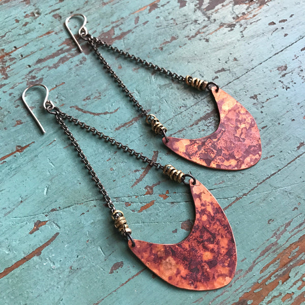Medium Copper Pendulum Earrings with Brass Heishi Beads
