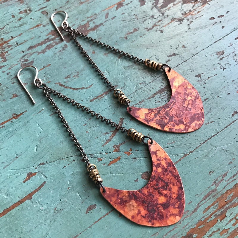 Medium Copper Pendulum Earrings with Brass Heishi Beads