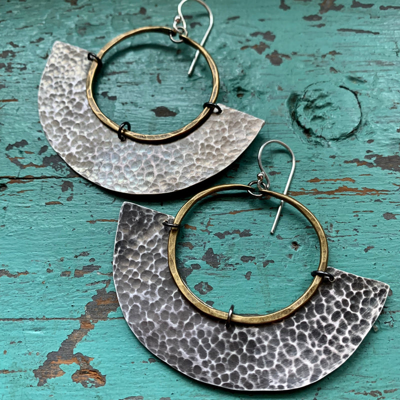 Mezzaluna Earrings - small brass hoop, thick hammered silver