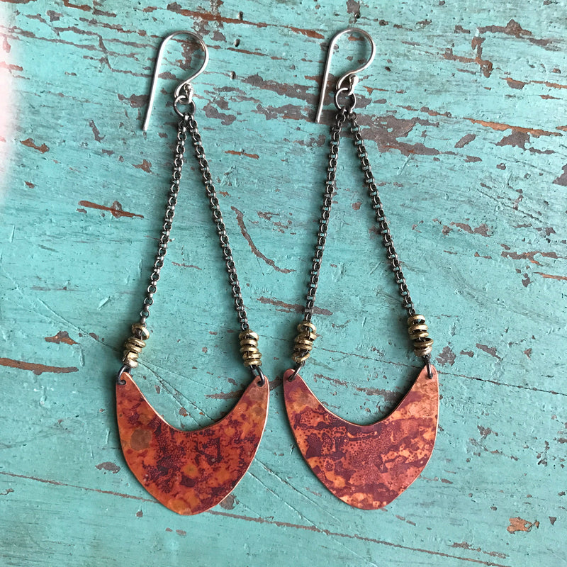 Medium Copper Pendulum Earrings with Brass Heishi Beads