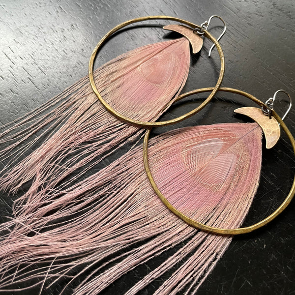 HERA GODDESS Feather Earrings: Large Brass Hoops/Moons, Pink Peacock Feathers