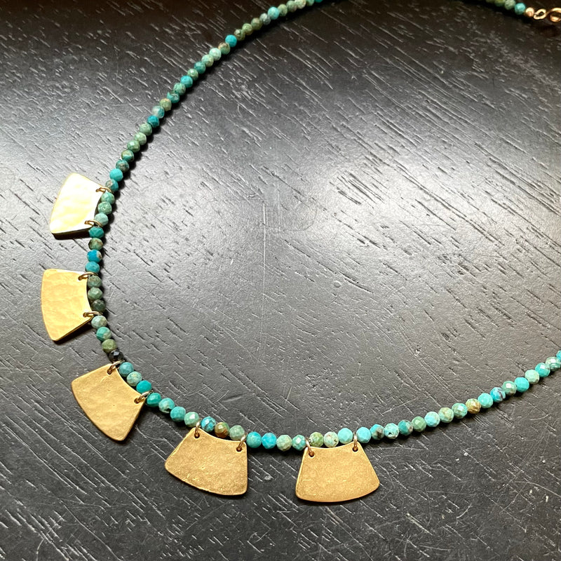 Goddess Necklace- 5 TINY Gold Blades with Faceted Turquoise, GOLD VERMEIL