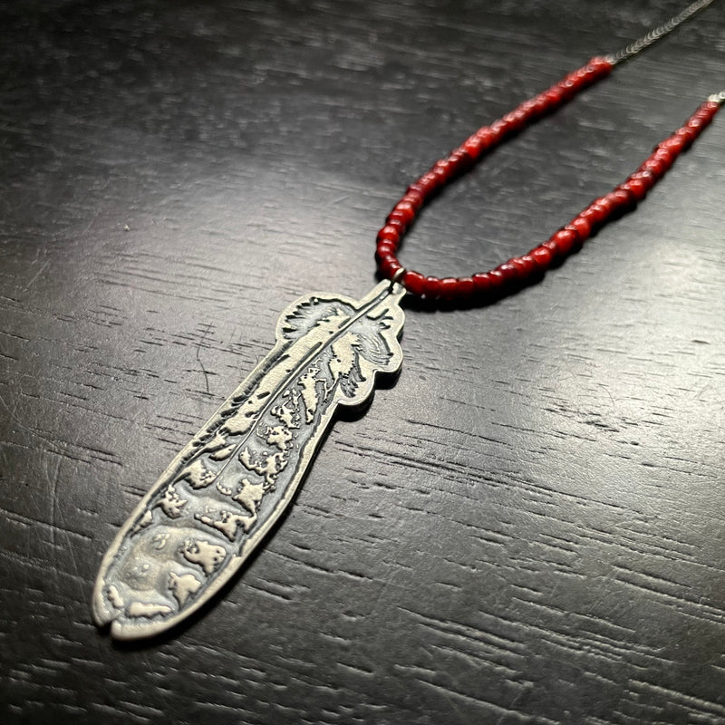 Silver Red Tailed Hawk Feather Necklace with Red Venetian Glass