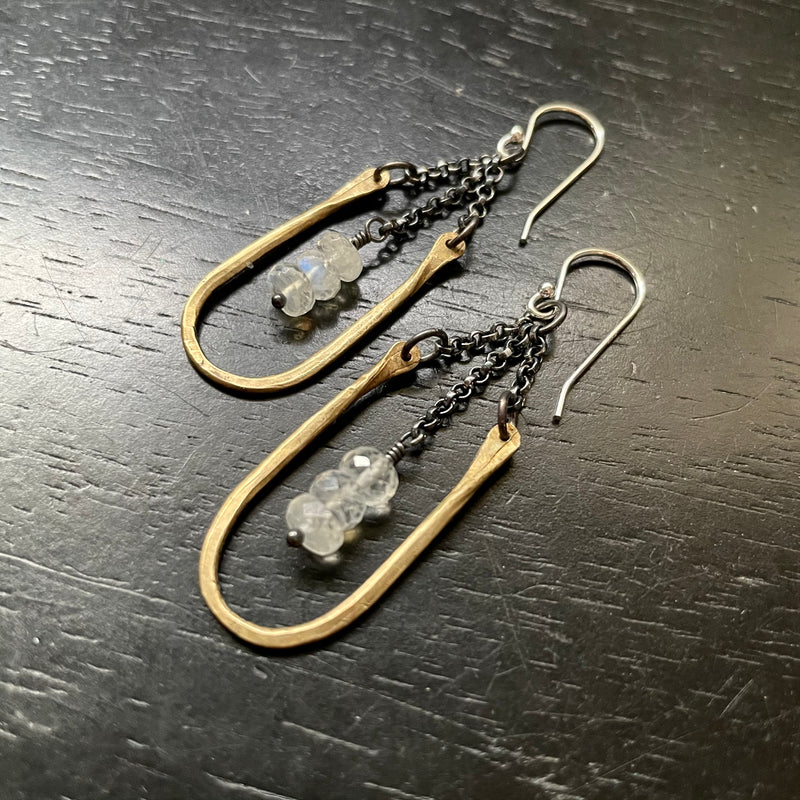 Tiny Brass Hestia Earrings with Moonstone