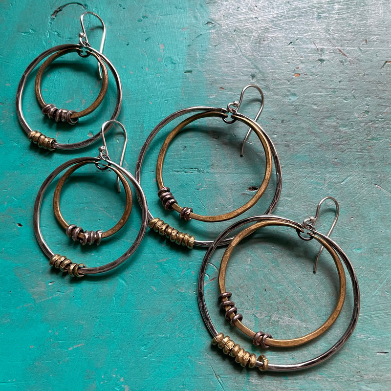 Small Double Hoop Earrings: SILVER OUTER HOOP, Brass Inner Hoop