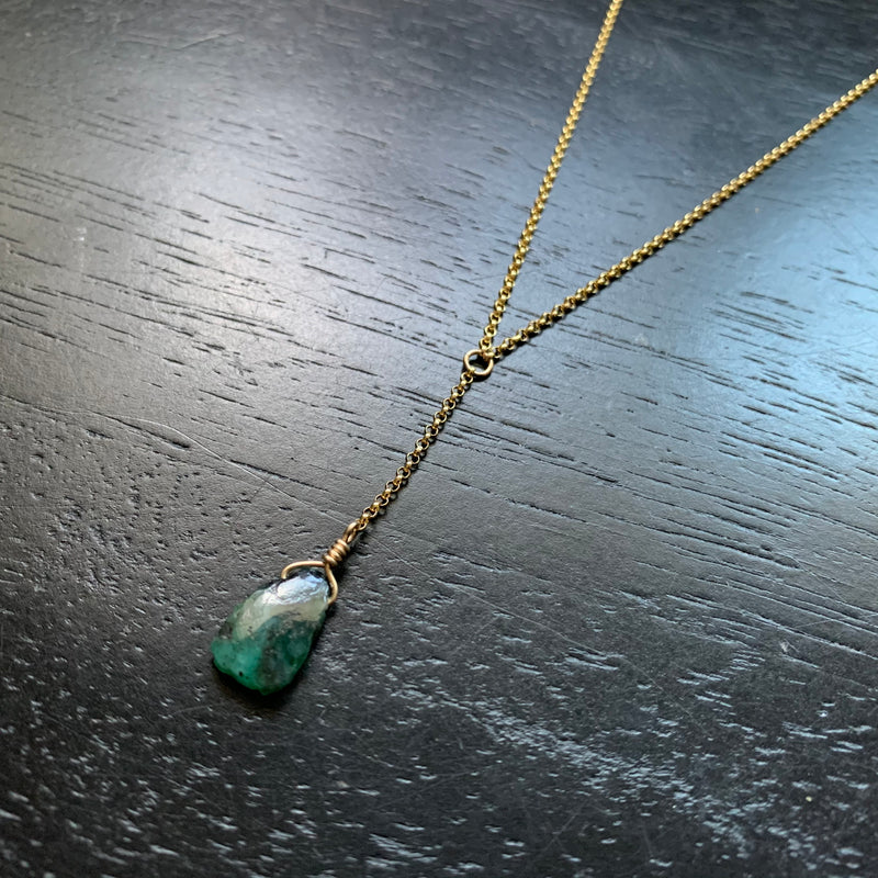 Gold Raw Emerald Y Necklace