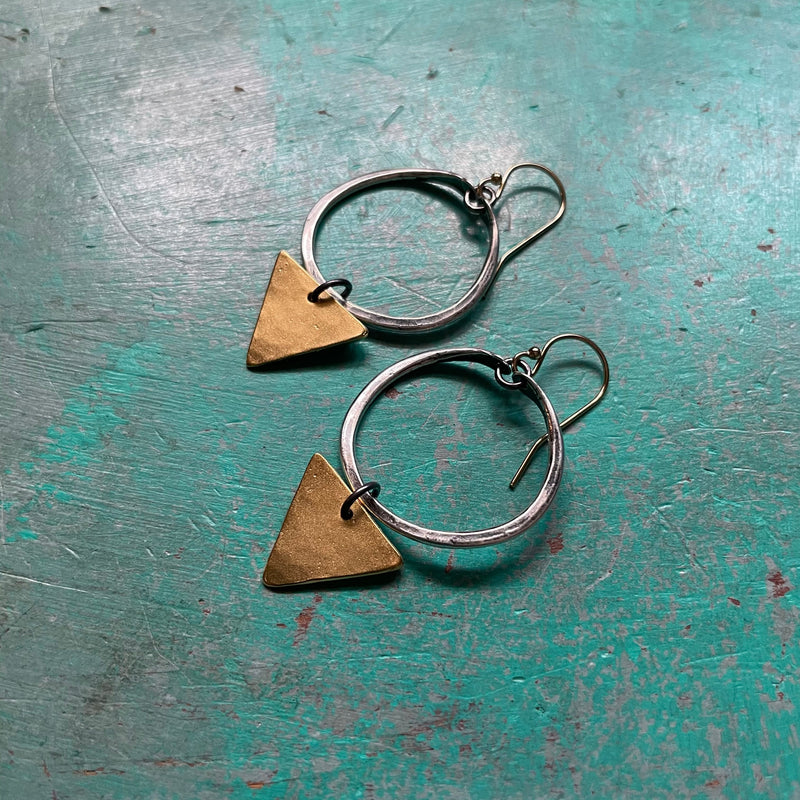 Gold Triangle Earrings with Tiny Silver Hoops