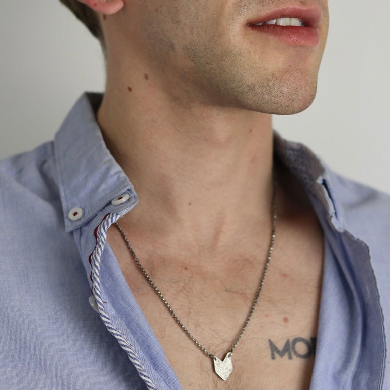 KAHN MAN: Sterling Silver Tiny Chevron Pendant on Oxidized Sterling Silver Chain