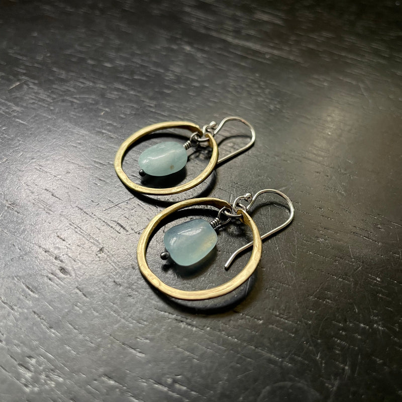NEW! Tiny Brass Hoops with SMOOTH Aquamarine