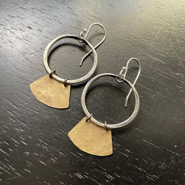 "Keyhole" Mezzaluna Earrings, Silver Hoops + Brass Blades: 4 Sizes