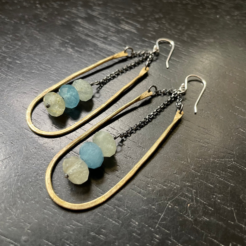 Medium Brass Hestia Earrings with Aquamarine