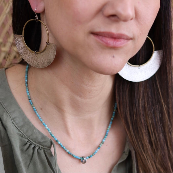 Mezzaluna Earrings - medium brass hoop, thick hammered silver blade