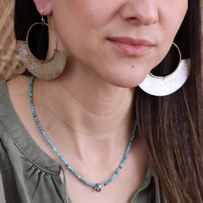 Mezzaluna Earrings - medium brass hoop, thick hammered silver blade