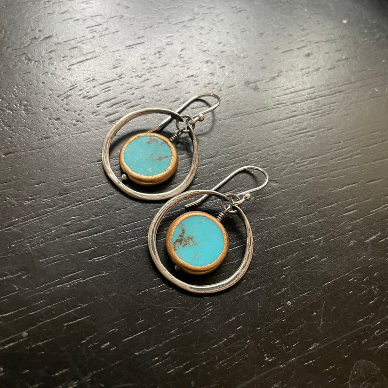 Turquoise Copper-Edged Stones in Sterling Silver Hoops
