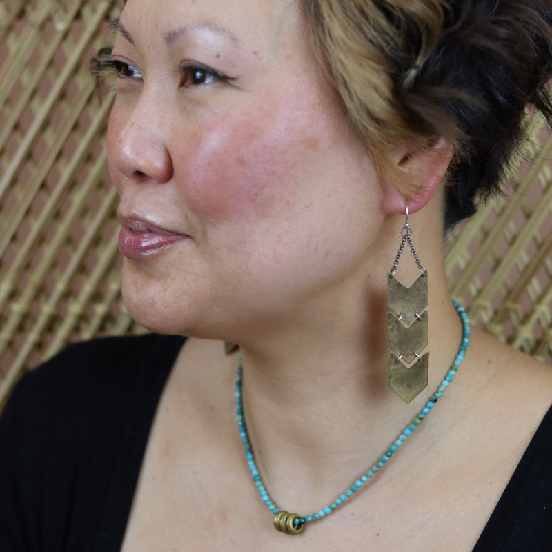 Brass Triple Saucer Beads on Dragonskin Turquoise Strand